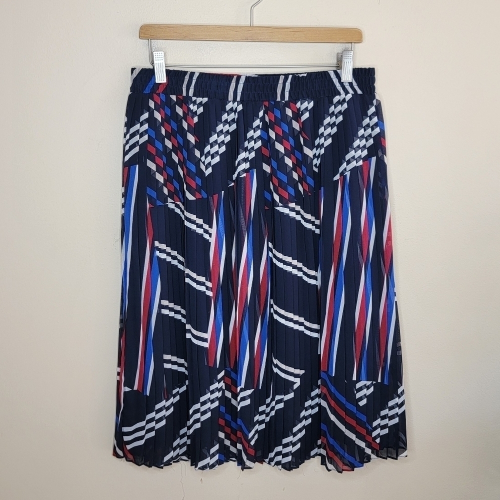 Roz & Ali | Navy Blue Red White Striped Pleated Midi Skirt Size Medium